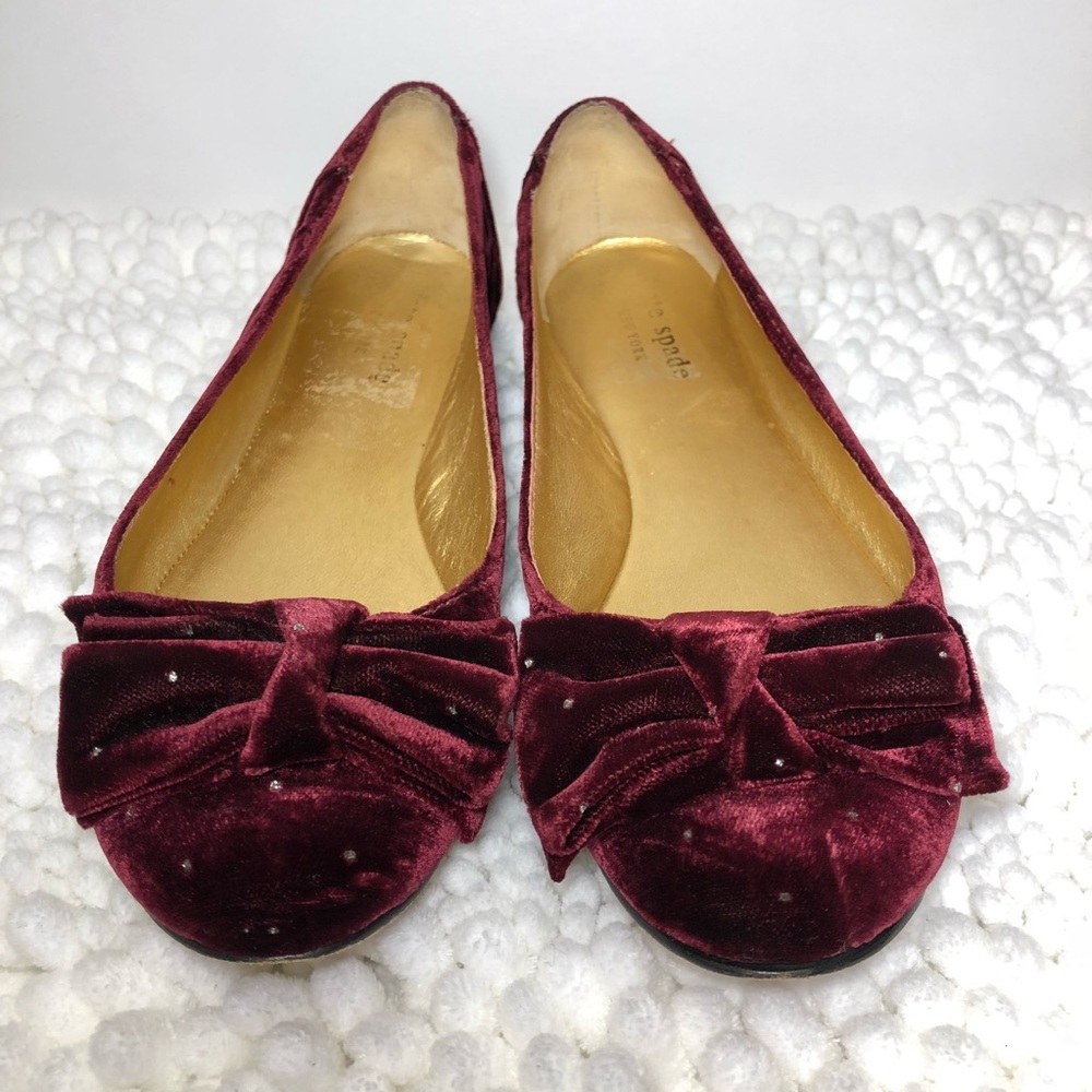Kate Spade Burgundy Velvet Glitter Dot Bow Flats